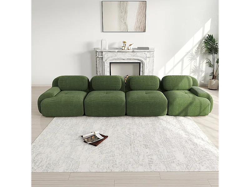 Vierpersoonsbank, geribbeld fluweel, hoogwaardige 32D-vulling, ergonomisch ontwerp, vacuüm verpakt, groen.