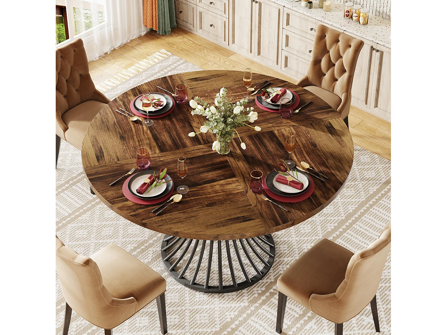 Table à manger ronde pour 4 à 6 personnes, table de cuisine ronde, 119 cm