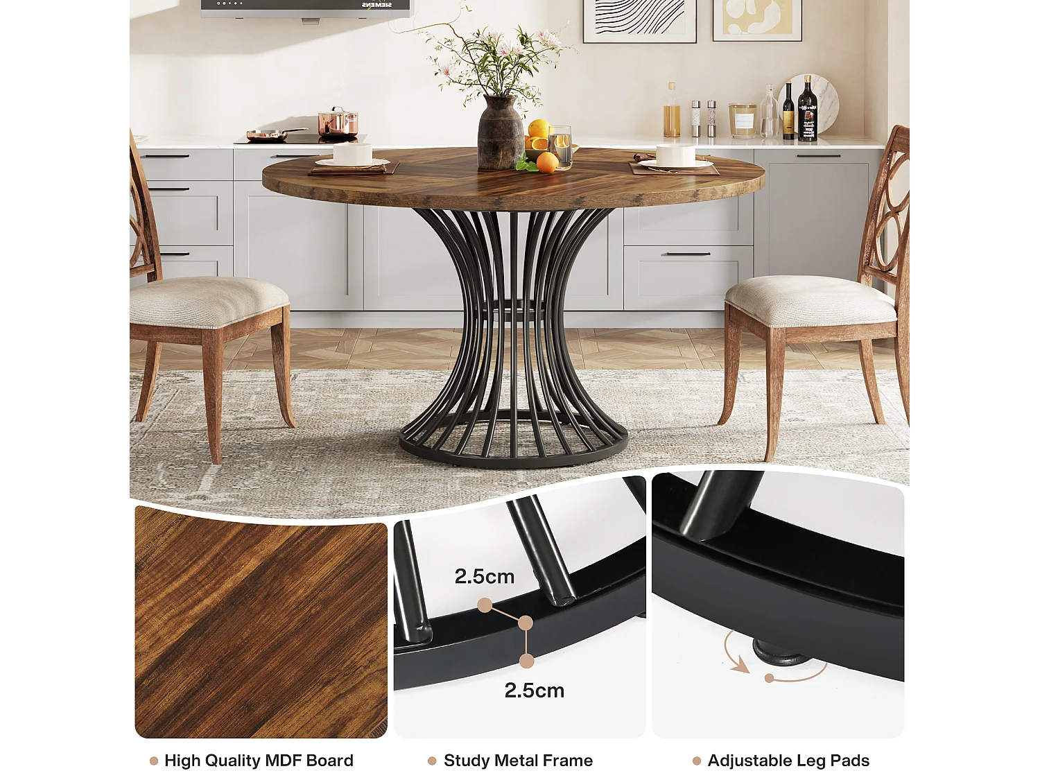 Table à manger ronde pour 4 à 6 personnes, table de cuisine ronde, 119 cm