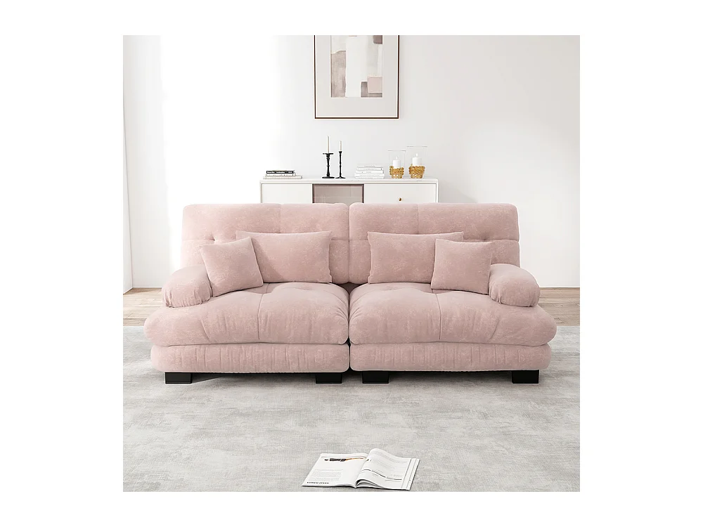 Canapé d'angle Cloud, chenille, avec 2 coussins lombaires et 2 coussins décoratifs, structure en bois massif, rose