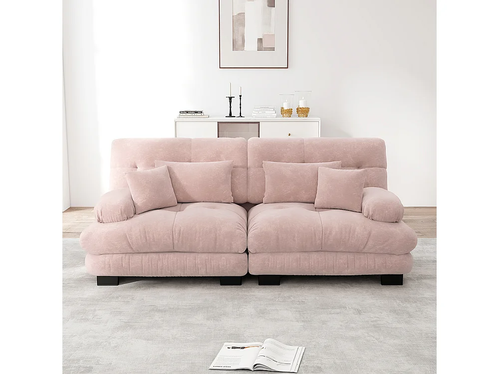 Canapé d'angle Cloud, chenille, avec 2 coussins lombaires et 2 coussins décoratifs, structure en bois massif, rose