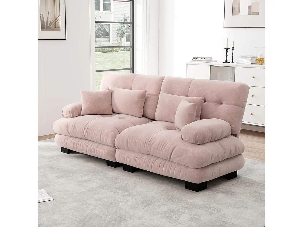 Canapé d'angle Cloud, chenille, avec 2 coussins lombaires et 2 coussins décoratifs, structure en bois massif, rose