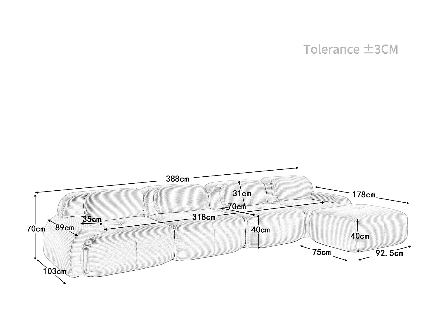 Canapé quatre places, rembourrage en mousse haute résilience 32D, accoudoirs extra-larges, configuration modulaire, noir.