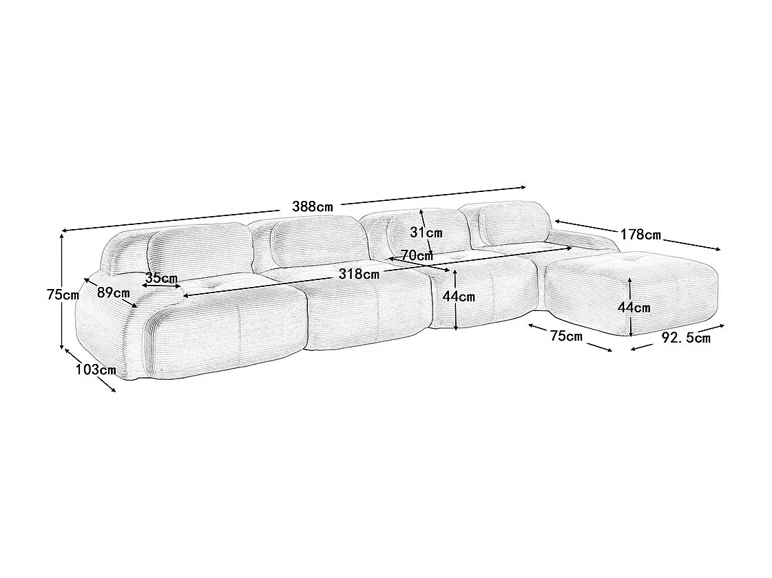 Vierzitsbank, bekleding van hoogwaardig 32D-schuim, extra brede armleuningen, modulaire opstelling, beige.