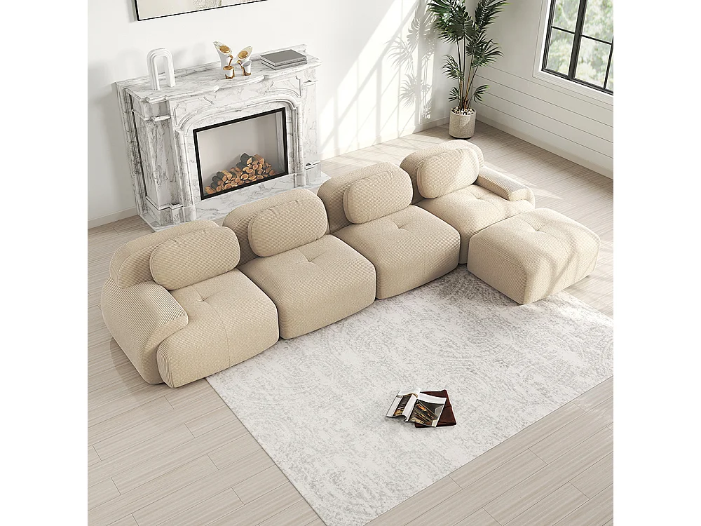 Canapé quatre places, rembourrage en mousse haute résilience 32D, accoudoirs extra-larges, configuration modulaire, beige.