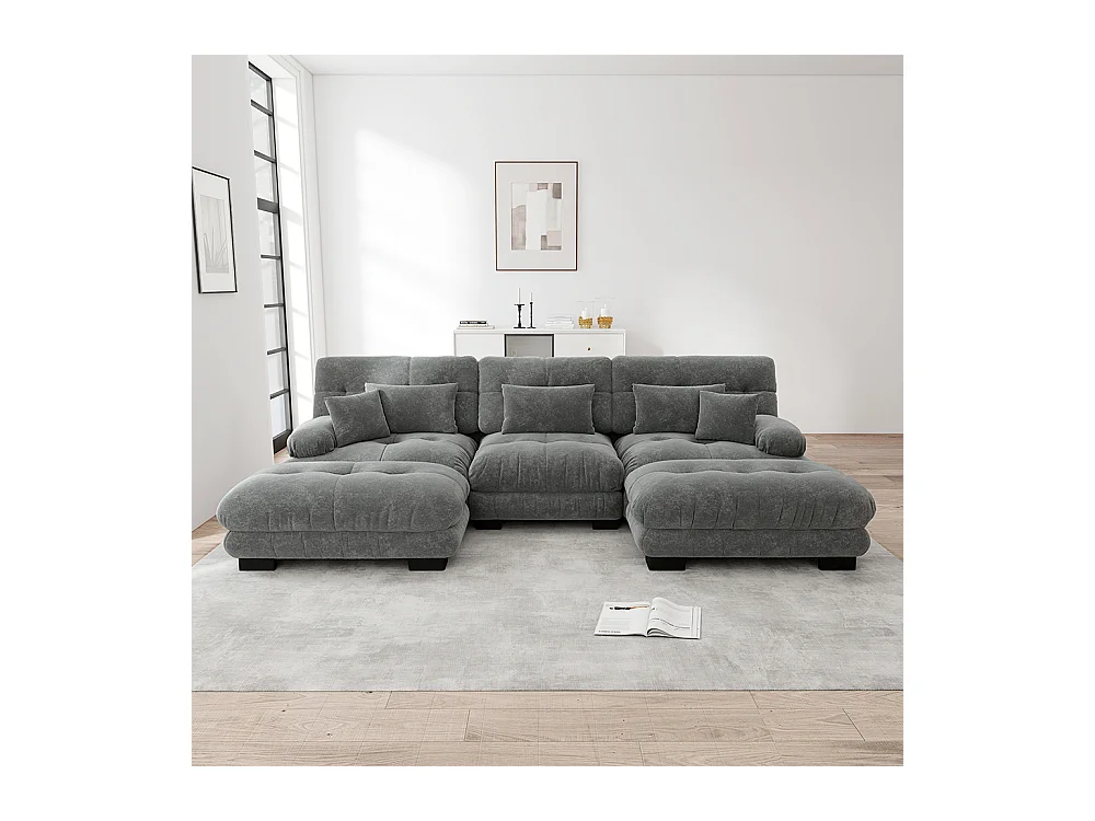 Canapé nuage extra-large en forme de U, canapé-lit convertible avec repose-pieds, chenille, gris
