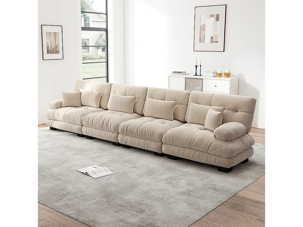 Canapé modulable, d'angle quatre places, velours, beige