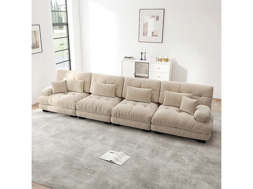 Canapé modulable, d'angle quatre places, velours, beige