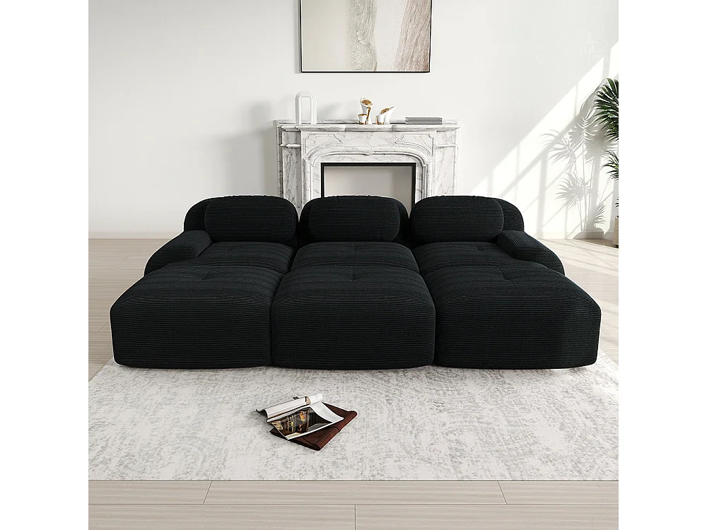Modulaire driezitsbank met drie voetensteunen van corduroy, extra brede armleuningen, veerkrachtige 32D-vulling, zwart.