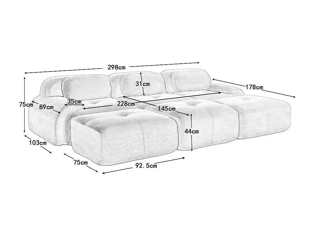 Modulaire driezitsbank met drie voetensteunen van corduroy, extra brede armleuningen, veerkrachtige 32D-vulling, zwart.