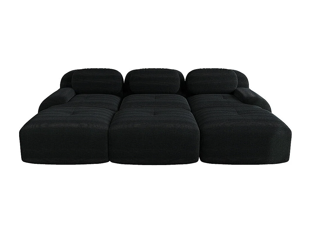 Modulaire driezitsbank met drie voetensteunen van corduroy, extra brede armleuningen, veerkrachtige 32D-vulling, zwart.