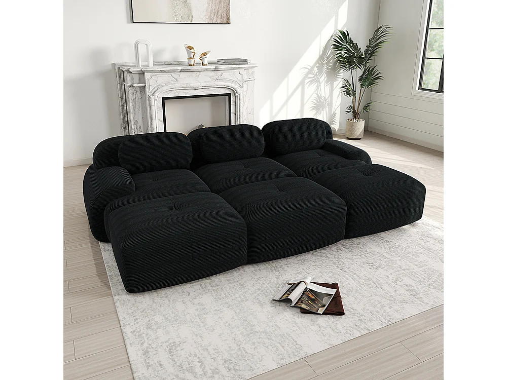 Canapé modulable trois places avec trois repose-pieds en velours côtelé, accoudoirs extra-larges, rembourrage haute résilience 32D, noir.