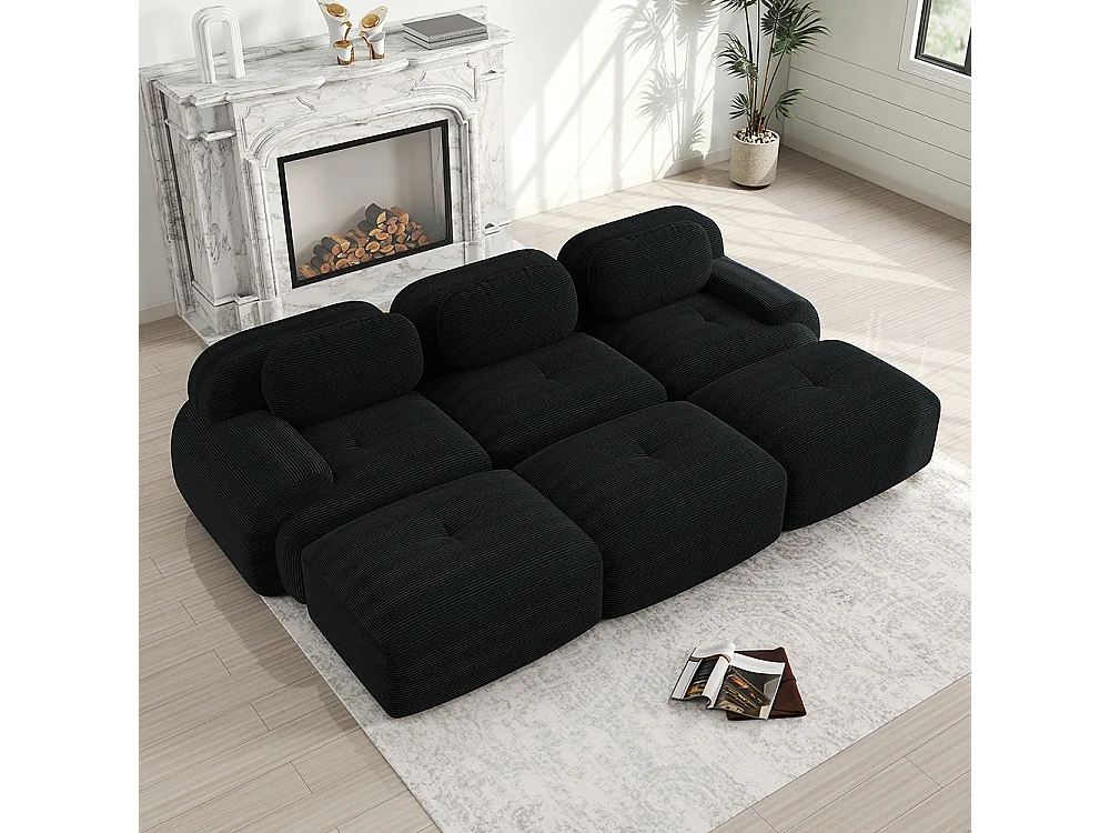 Canapé modulable trois places avec trois repose-pieds en velours côtelé, accoudoirs extra-larges, rembourrage haute résilience 32D, noir.
