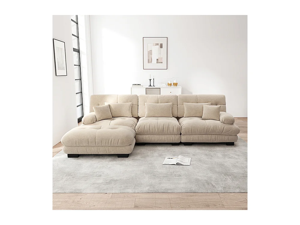 Canapé extra-large en L, adapté au salon, avec repose-pieds, velours côtelé, beige