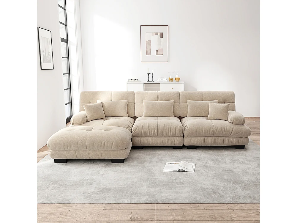 Canapé extra-large en L, adapté au salon, avec repose-pieds, velours côtelé, beige