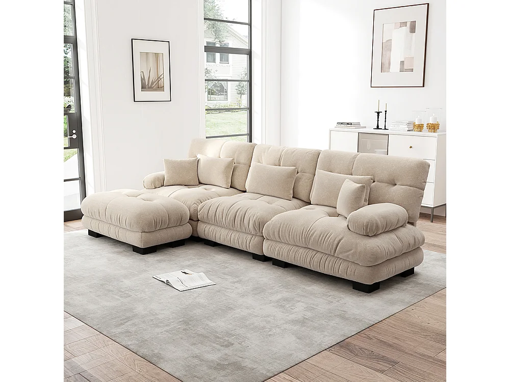 Canapé extra-large en L, adapté au salon, avec repose-pieds, velours côtelé, beige