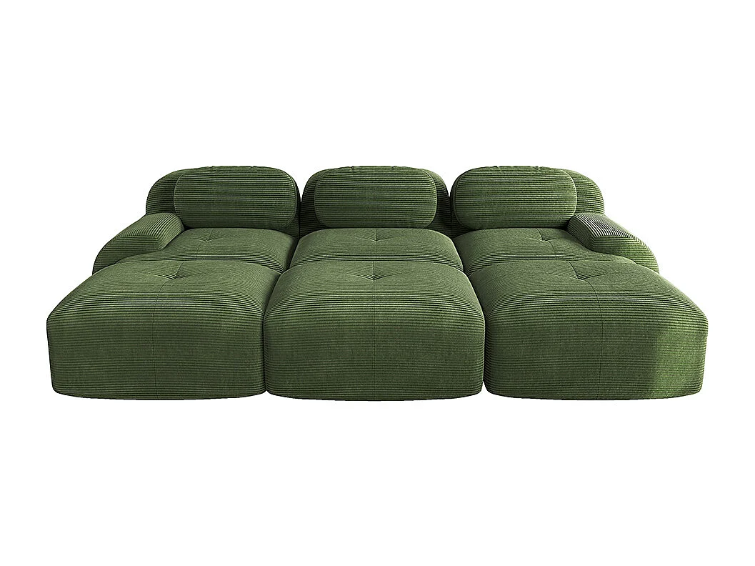 Modulaire driezitsbank met drie voetensteunen van corduroy, extra brede armleuningen, veerkrachtige 32D-vulling, groen.