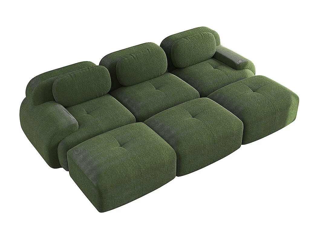 Modulaire driezitsbank met drie voetensteunen van corduroy, extra brede armleuningen, veerkrachtige 32D-vulling, groen.