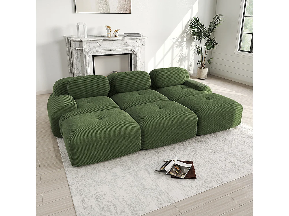 Canapé modulable trois places avec trois repose-pieds en velours côtelé, accoudoirs extra-larges, rembourrage haute résilience 32D, vert.
