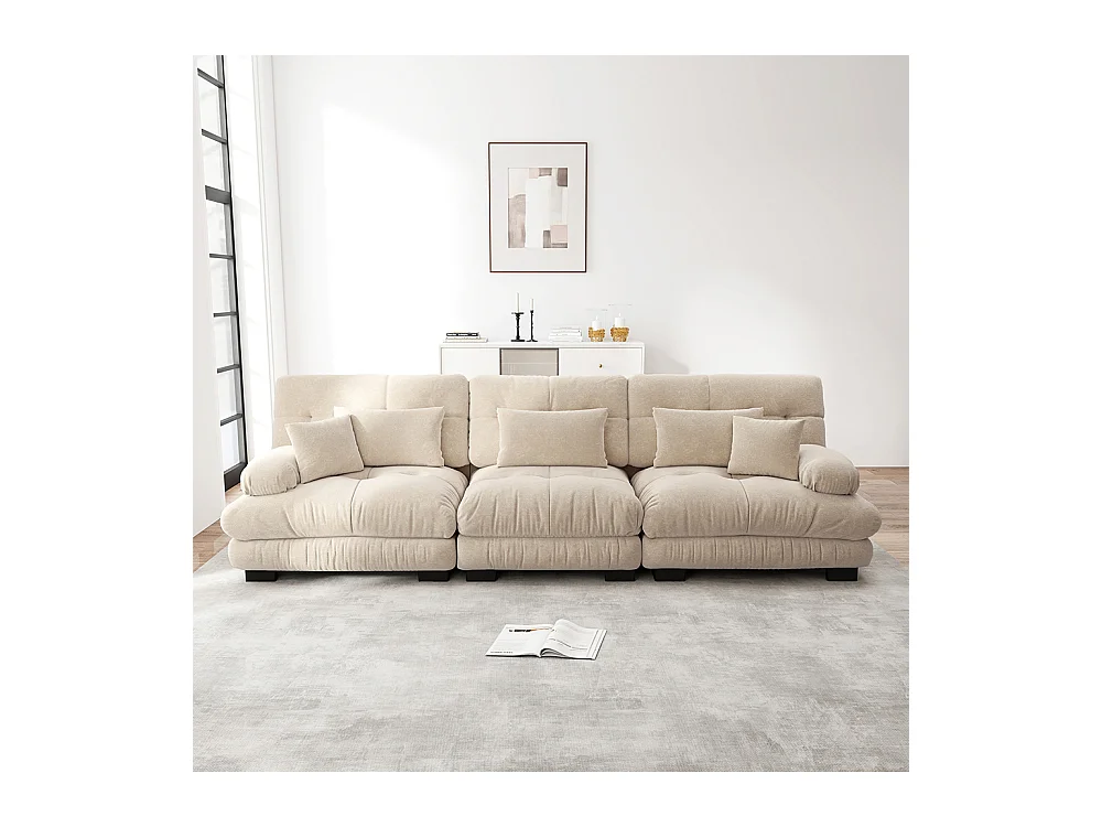 Canapé d'angle, trois places, tissu doux, rembourré, beige