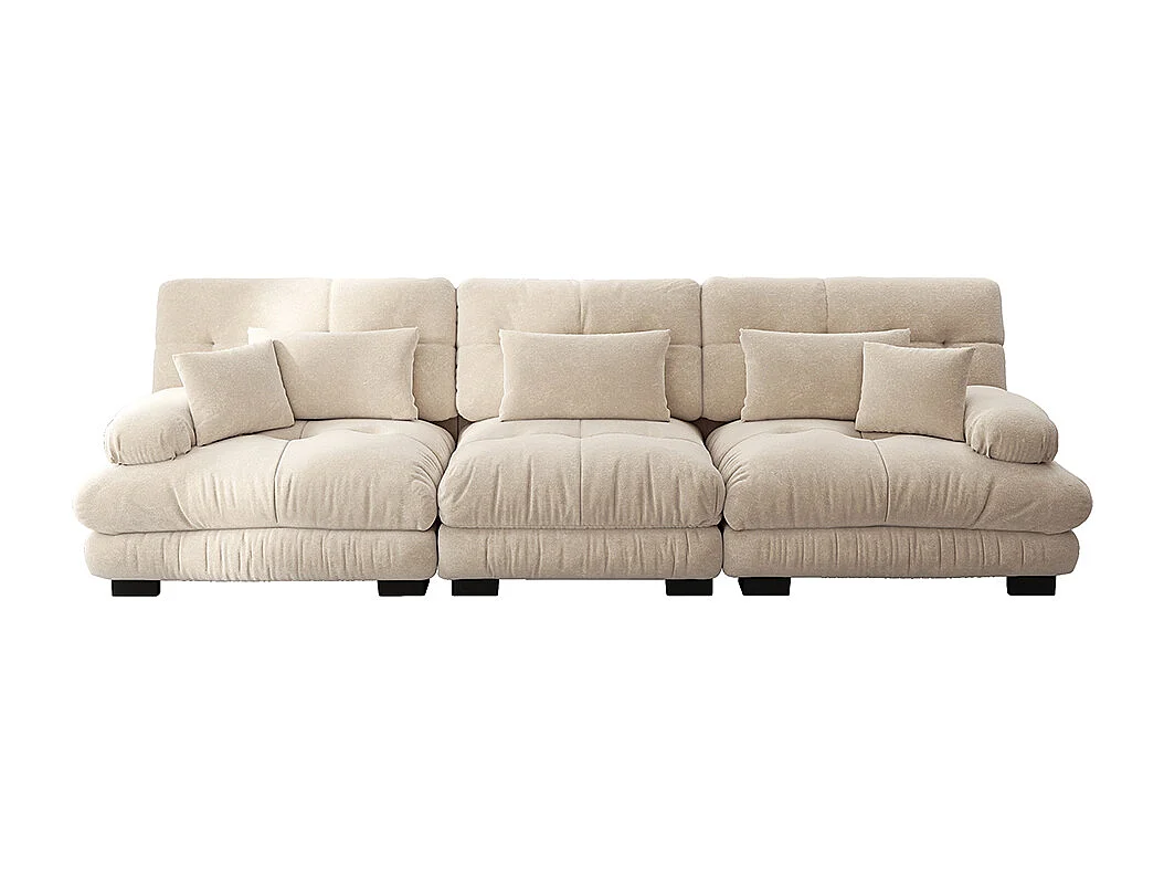 Canapé d'angle, trois places, tissu doux, rembourré, beige