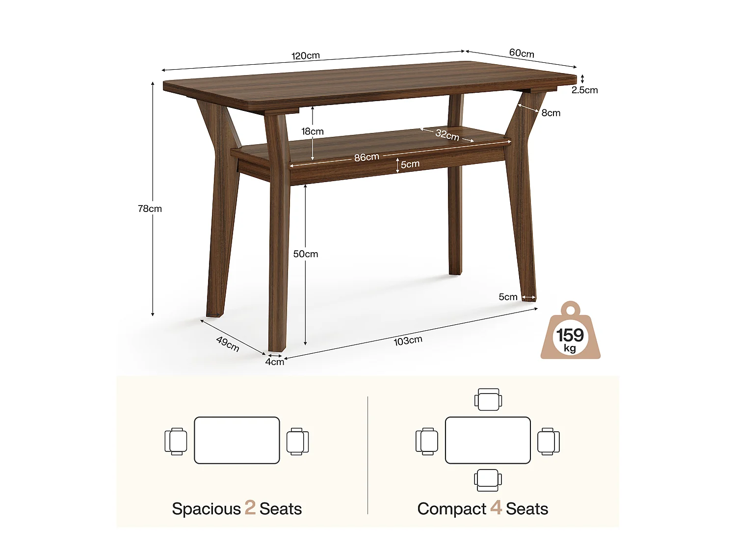 Table à manger de ferme pour 4 personnes, table de cuisine rectangulaire à 2 niveaux 120 cm