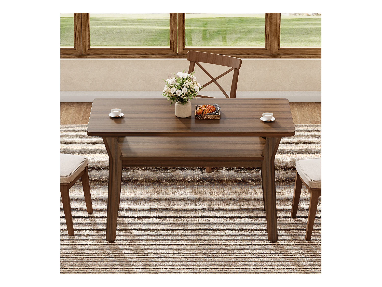 Table à manger de ferme pour 4 personnes, table de cuisine rectangulaire à 2 niveaux 120 cm