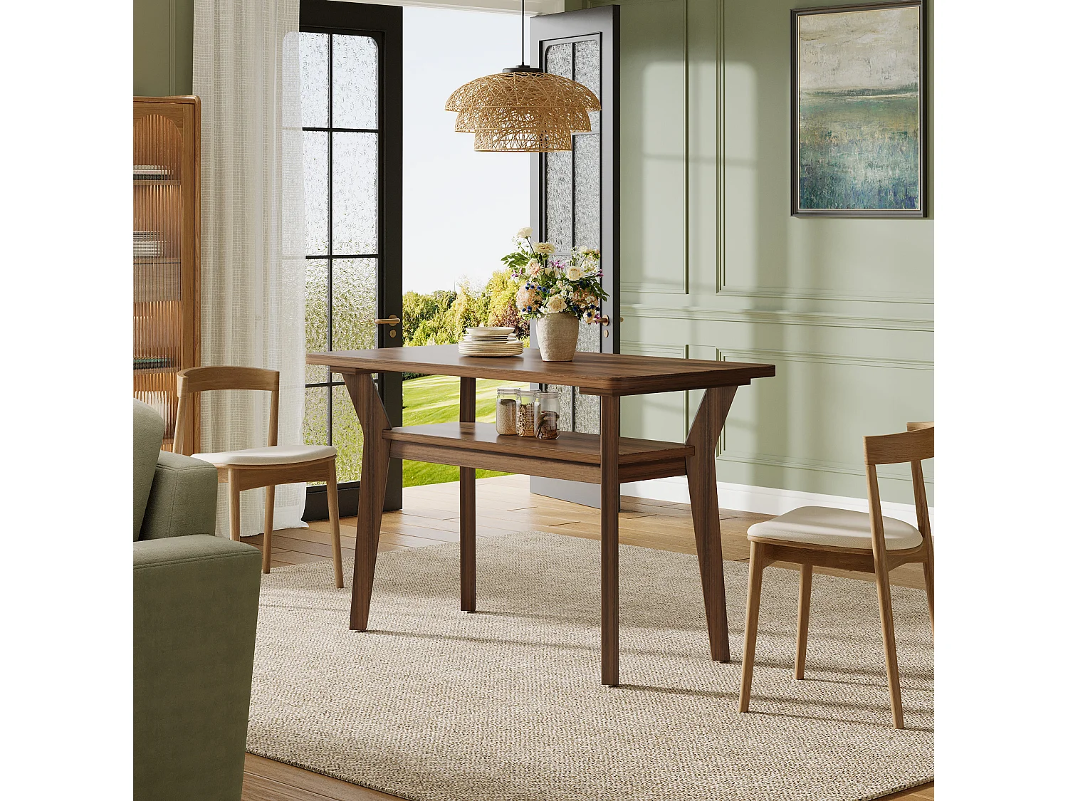 Table à manger de ferme pour 4 personnes, table de cuisine rectangulaire à 2 niveaux 120 cm