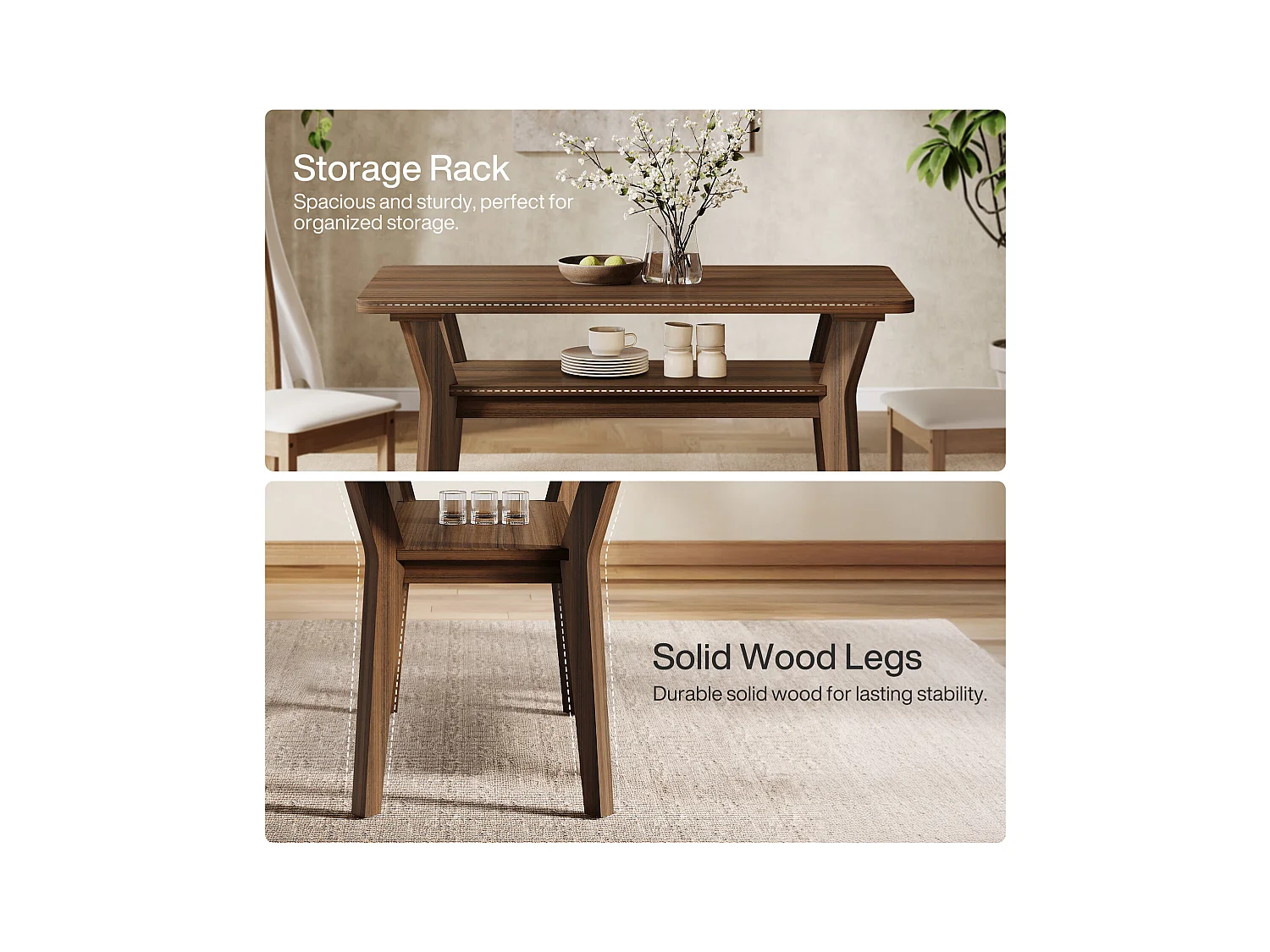 Table à manger de ferme pour 4 personnes, table de cuisine rectangulaire à 2 niveaux 120 cm