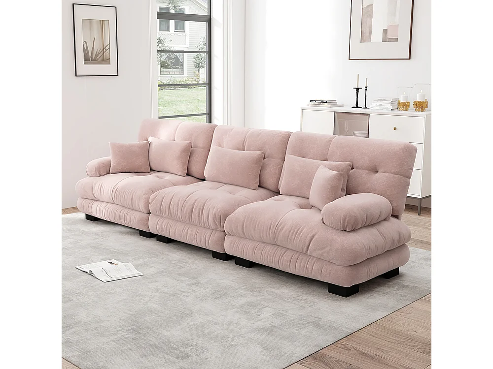 Canapé d'angle, trois places, tissu doux, rembourré, rose