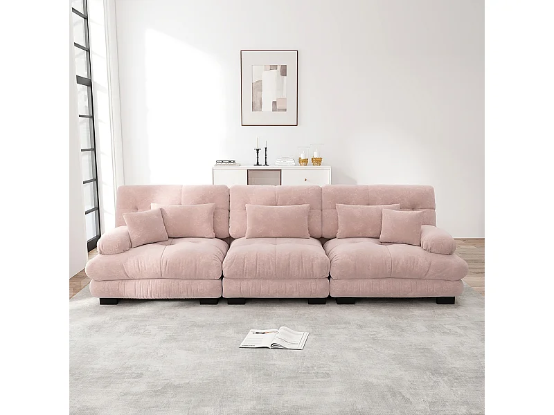 Sofá esquinero, tres plazas, tela suave, tapizado, rosa