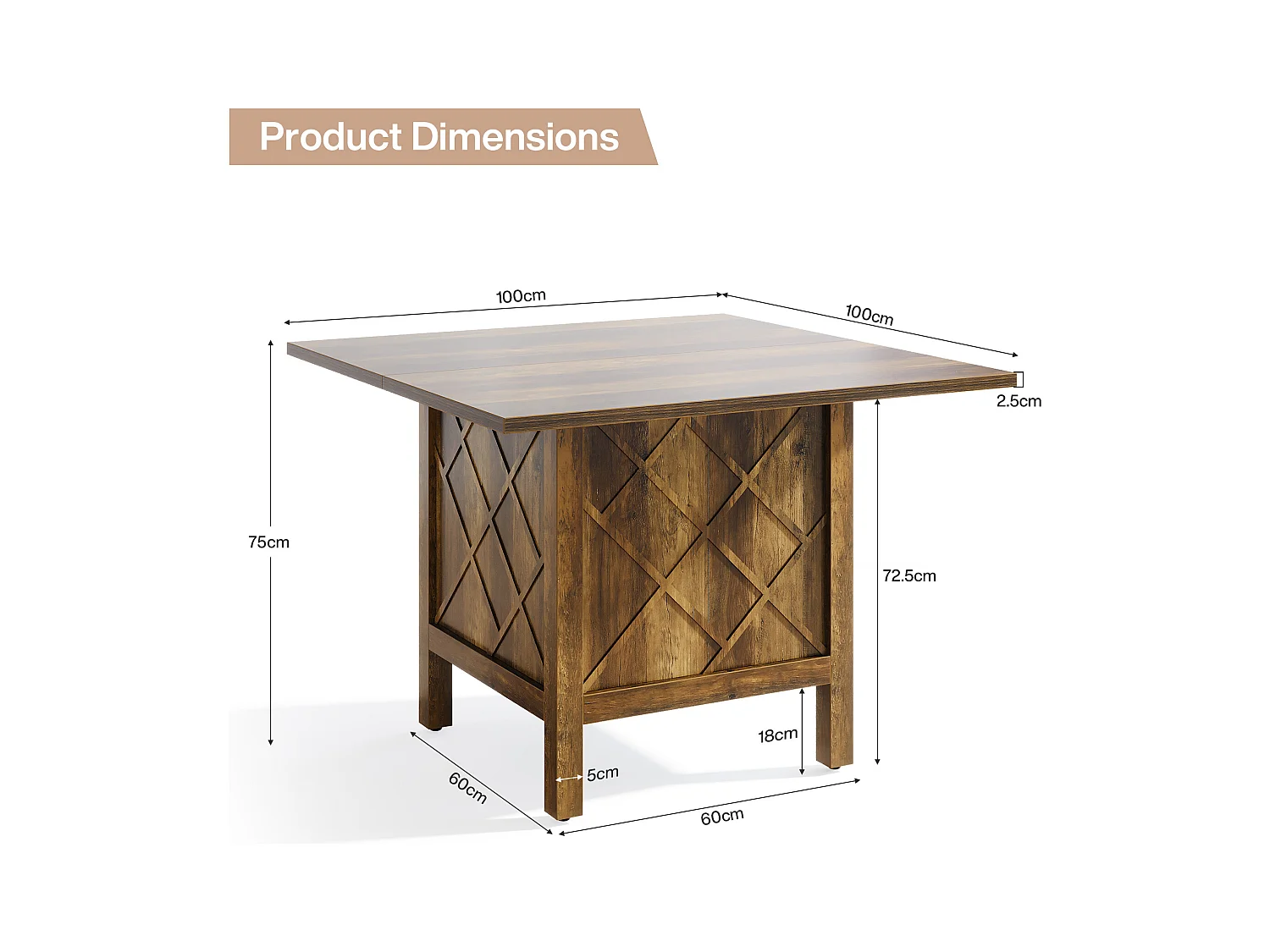 Table à manger carrée en bois de style campagnard (100 cm)