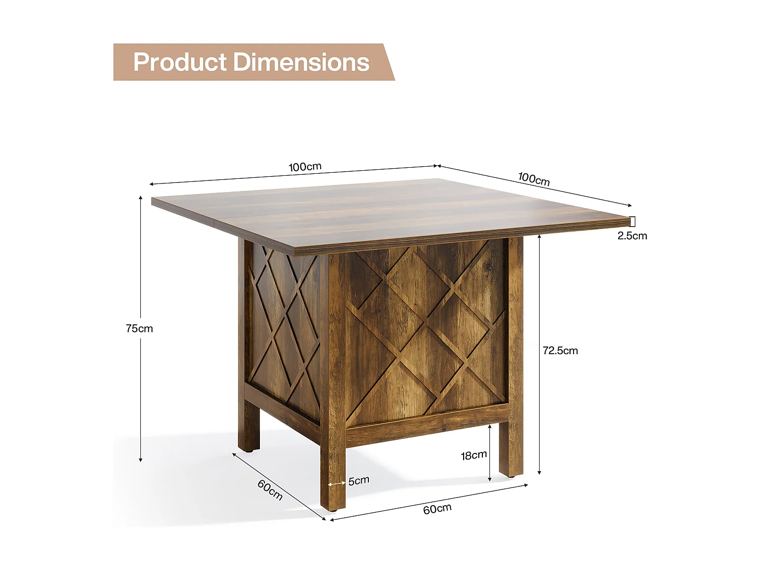 Table à manger carrée en bois de style campagnard (100 cm)