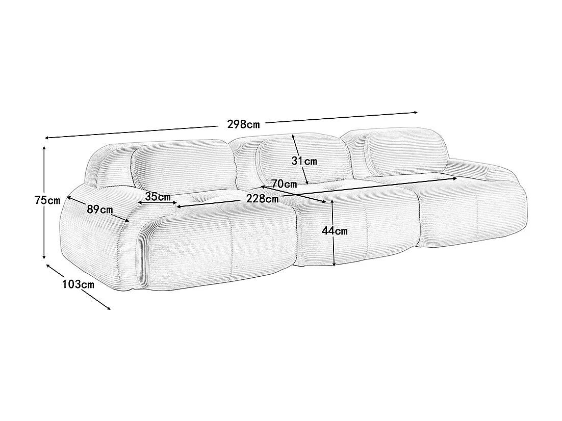 Driezitsbank, geribbeld fluweel, modulaire opstelling, antislip, beige.
