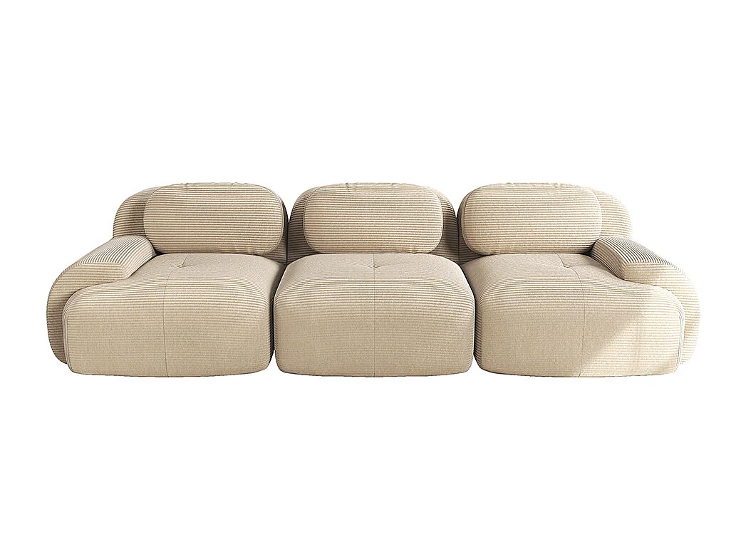 Canapé trois places, tissu velours côtelé, configuration modulaire, antidérapant, beige.