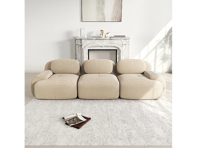 Driezitsbank, geribbeld fluweel, modulaire opstelling, antislip, beige.