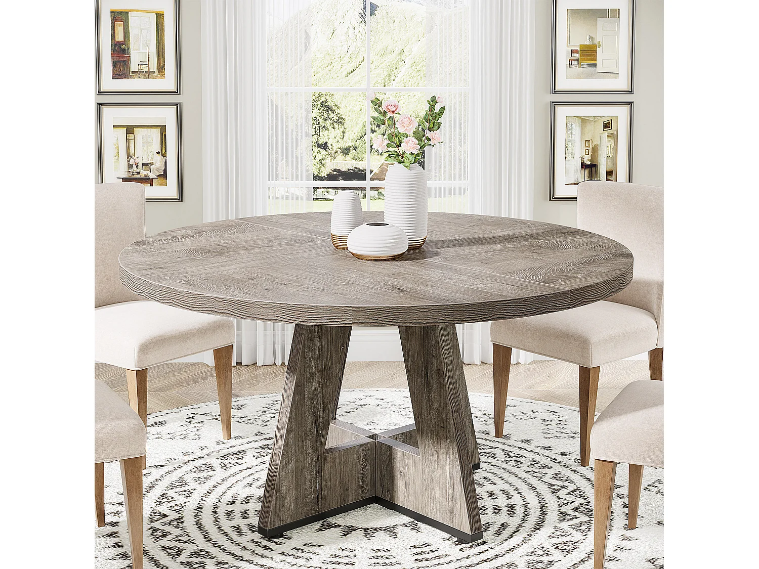 Table à manger ronde de 120 cm, table de cuisine pour salle à manger et salon, grise (table seule)