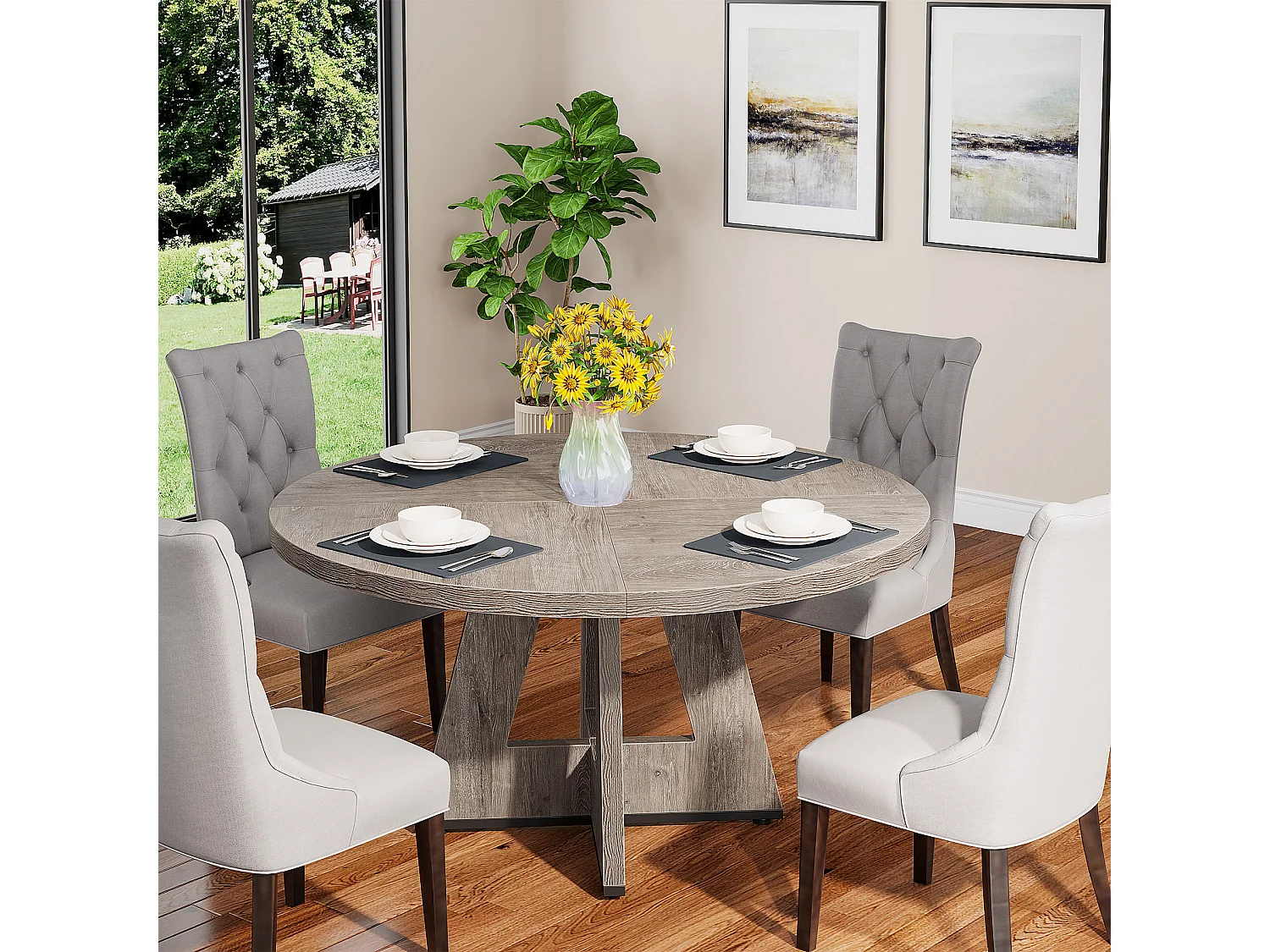 Table à manger ronde de 120 cm, table de cuisine pour salle à manger et salon, grise (table seule)