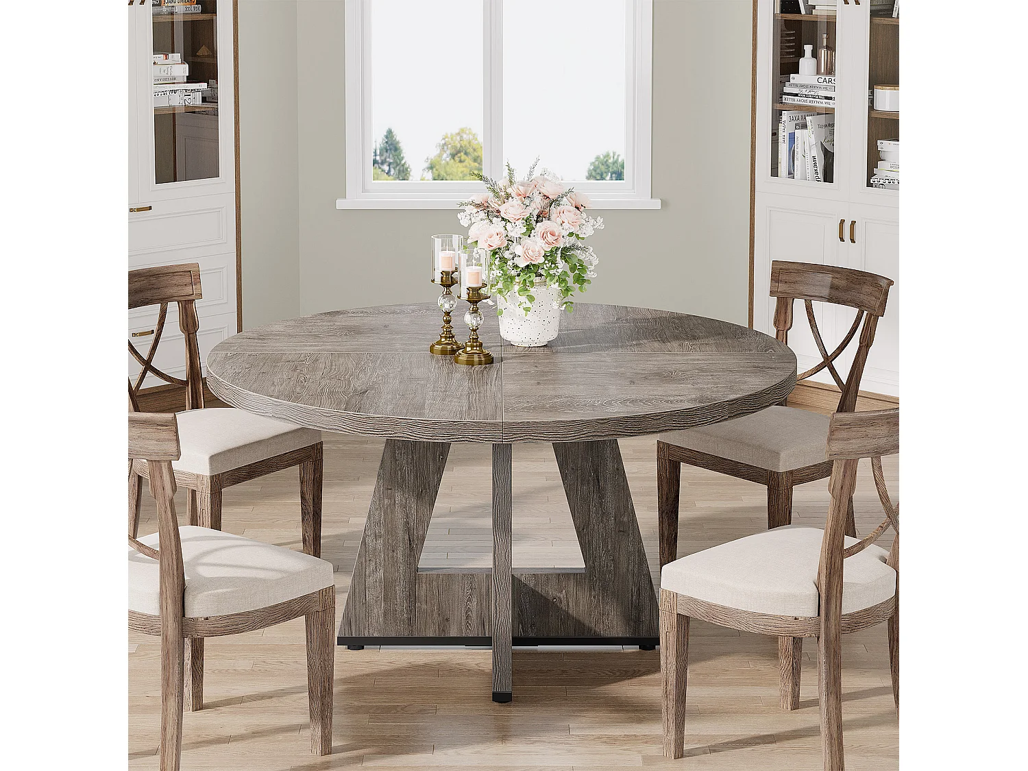 Table à manger ronde de 120 cm, table de cuisine pour salle à manger et salon, grise (table seule)