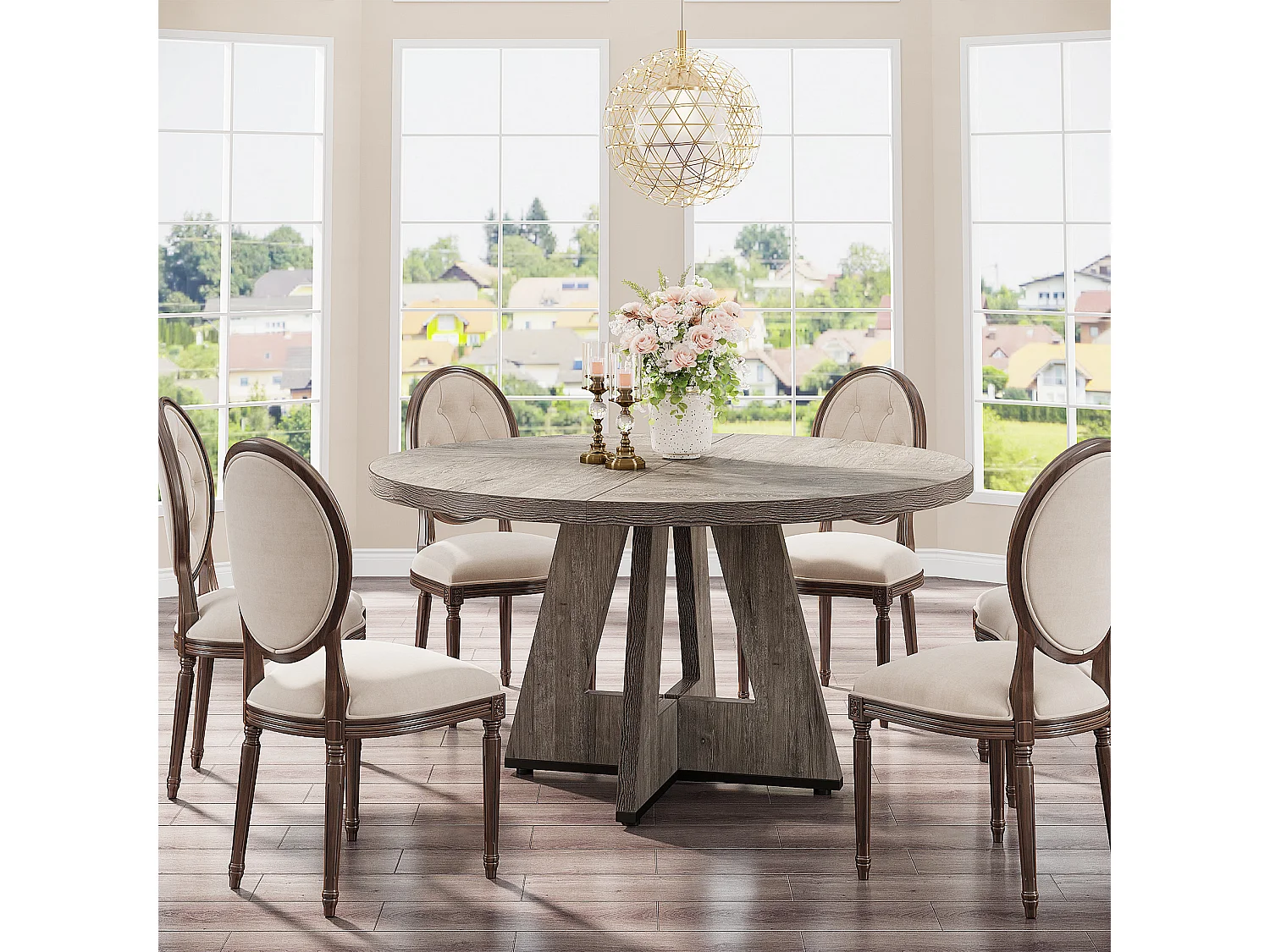 Table à manger ronde de 120 cm, table de cuisine pour salle à manger et salon, grise (table seule)