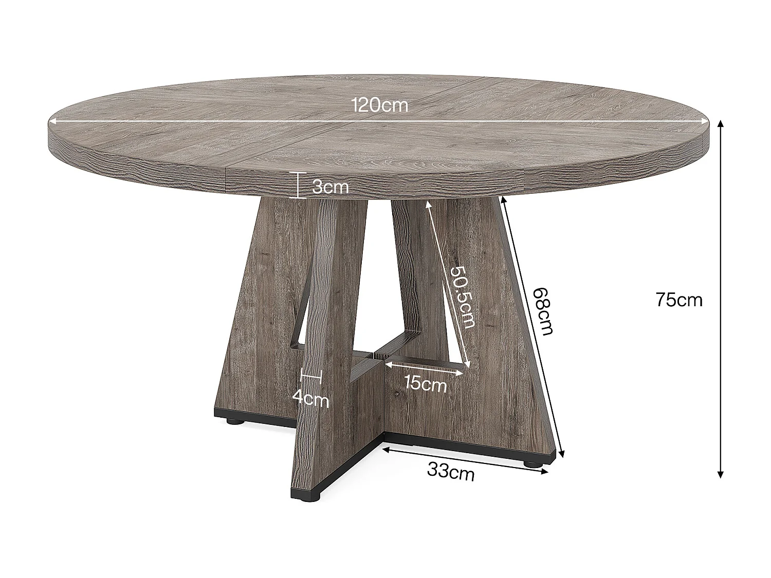 Table à manger ronde de 120 cm, table de cuisine pour salle à manger et salon, grise (table seule)