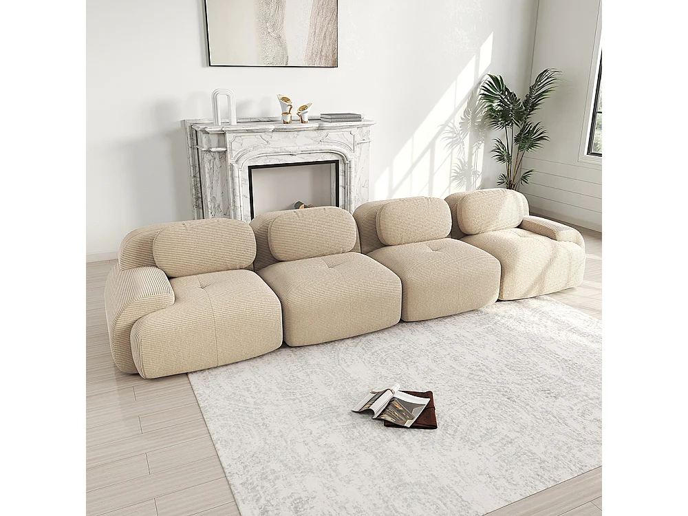 Canapé quatre places, velours côtelé, rembourrage haute résilience 32D, design ergonomique, emballé sous vide, beige.