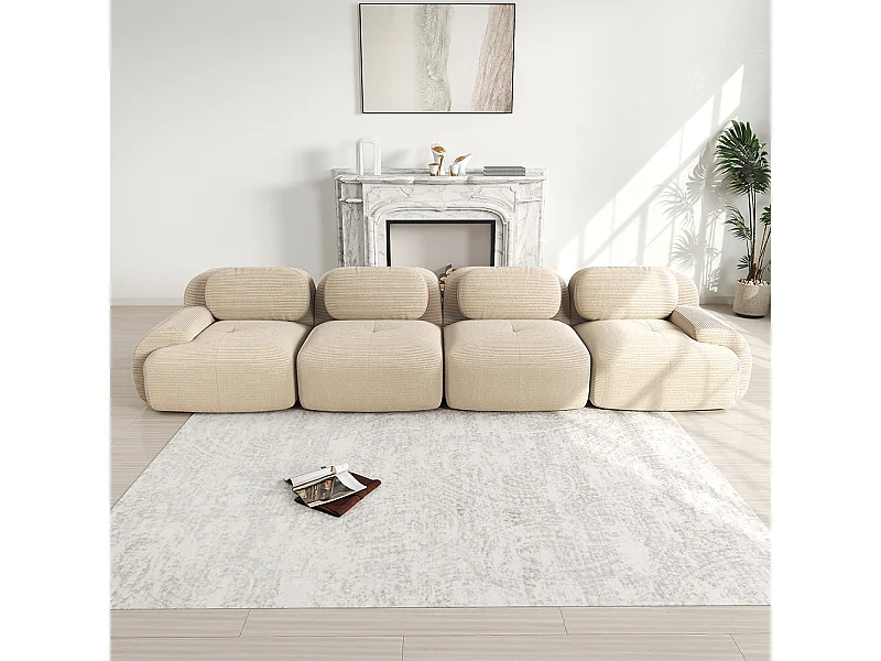 Vierzitsbank, geribbeld fluweel, hoogwaardige 32D-vulling, ergonomisch ontwerp, vacuüm verpakt, beige.