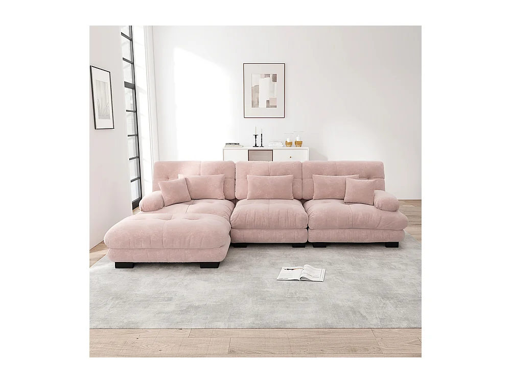 Canapé extra-large en L, adapté au salon, avec repose-pieds, velours côtelé, rose