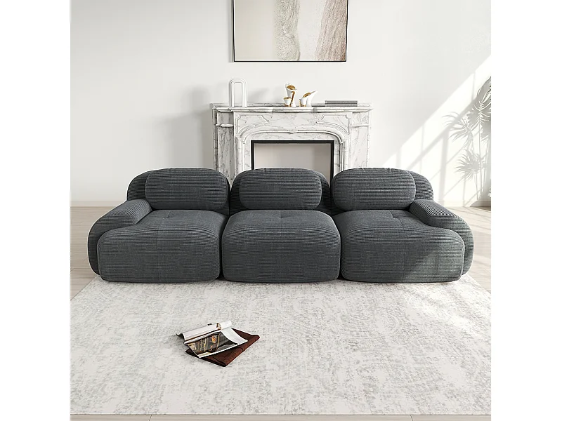 Driezitsbank, geribbeld fluweel, modulaire opstelling, antislip, grijs.