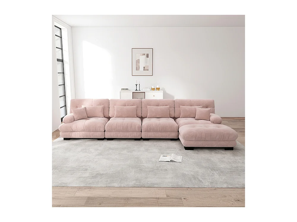 Canapé d'angle modulable, quatre places, avec repose-pieds amovible, tissu chenille, rose