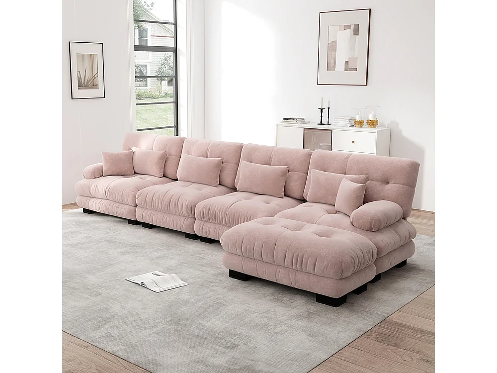 Canapé d'angle modulable, quatre places, avec repose-pieds amovible, tissu chenille, rose