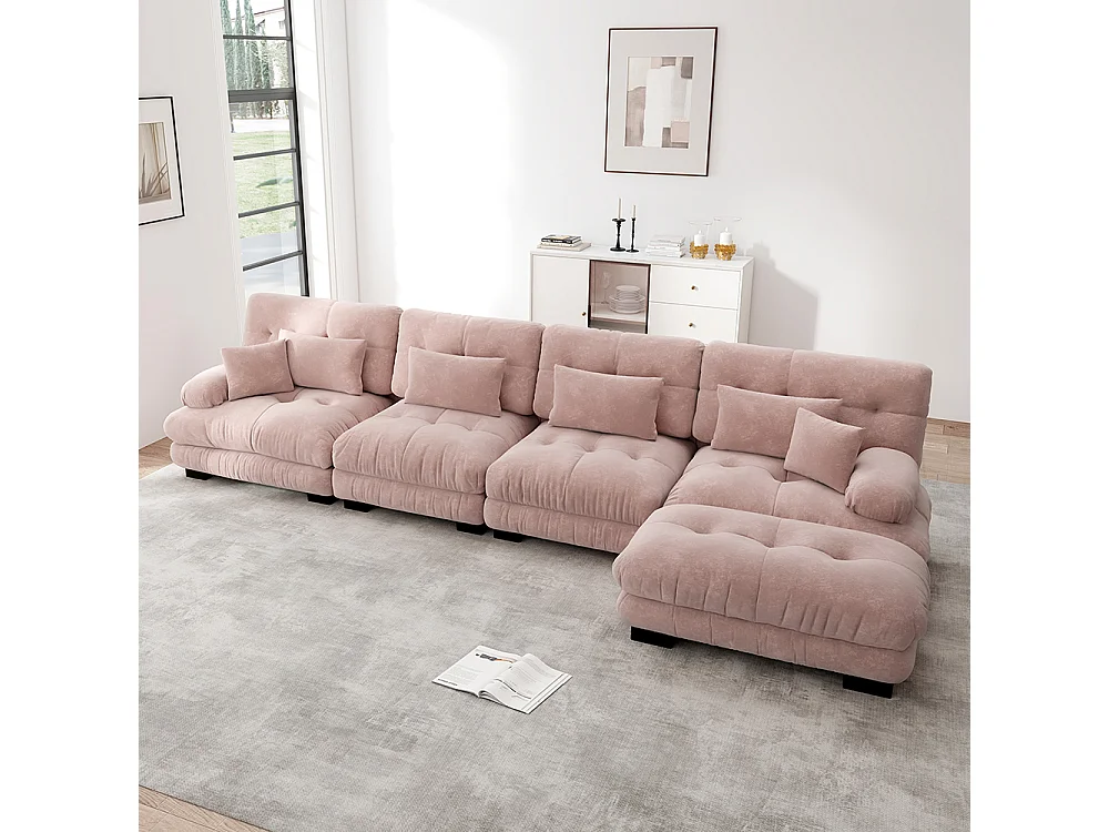 Canapé d'angle modulable, quatre places, avec repose-pieds amovible, tissu chenille, rose