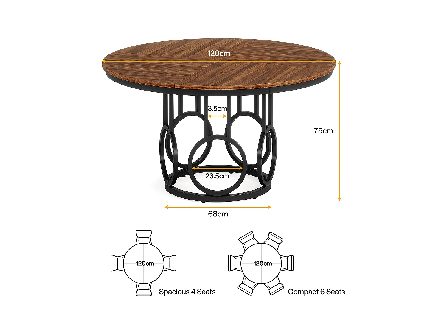 Table à manger ronde pour 4 personnes, 120 cm Table de salle à manger rustique