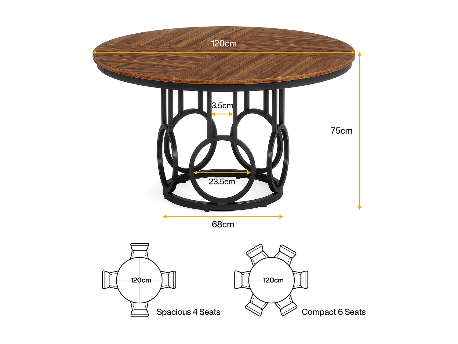 Table à manger ronde pour 4 personnes, 120 cm Table de salle à manger rustique